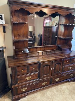 Solid Wood Queen Bedroom Set - Bed Frame, Dresser w/ Mirror, Armoire, 2 Nightstands + Lamps