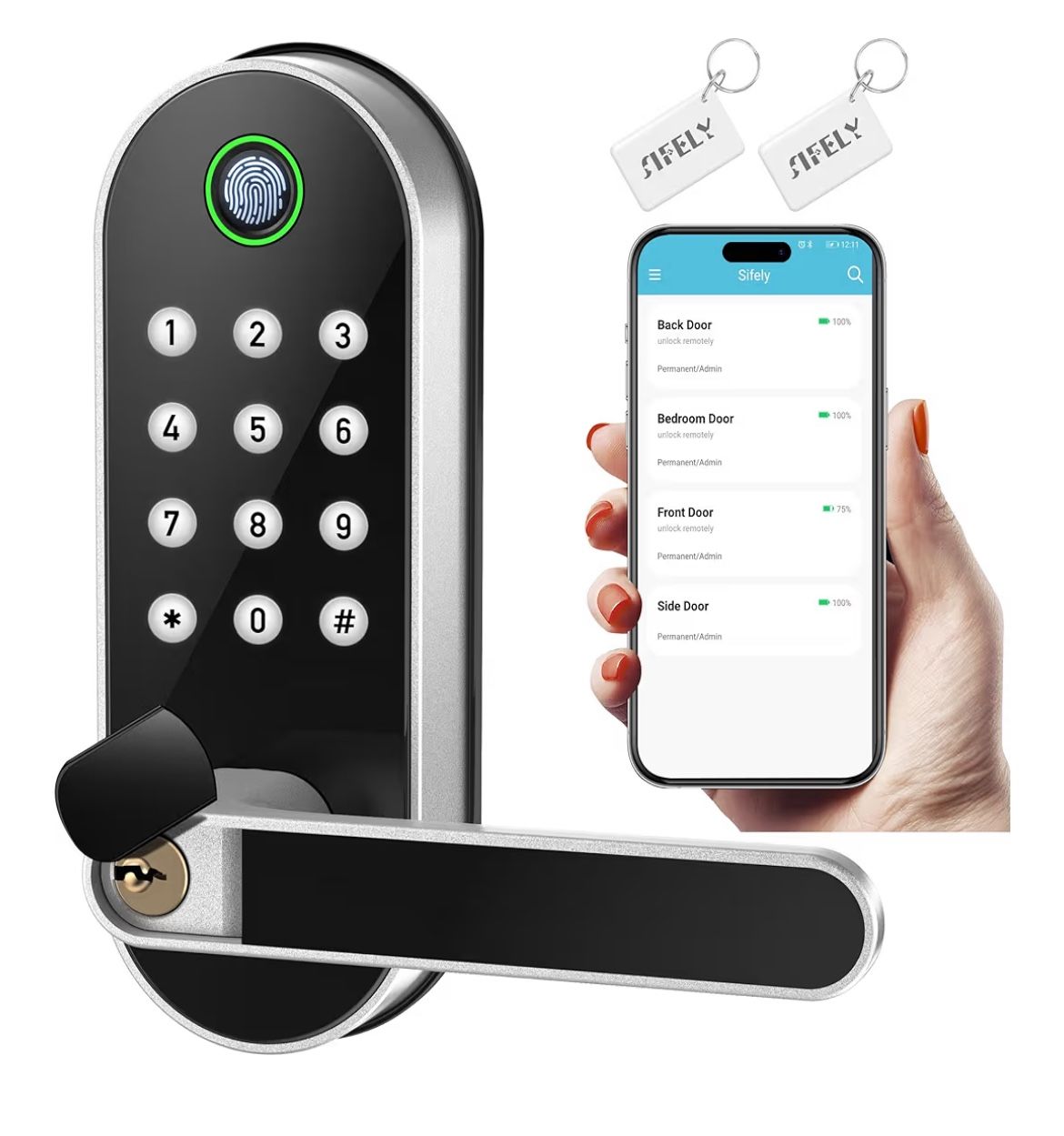 FINGERPRINT SMART DOOR LOCK WITH HANDLE & KEYPAD CONNECT TO YOUR PHONE, ALEXA OR GOOGLE (NEVER USED)