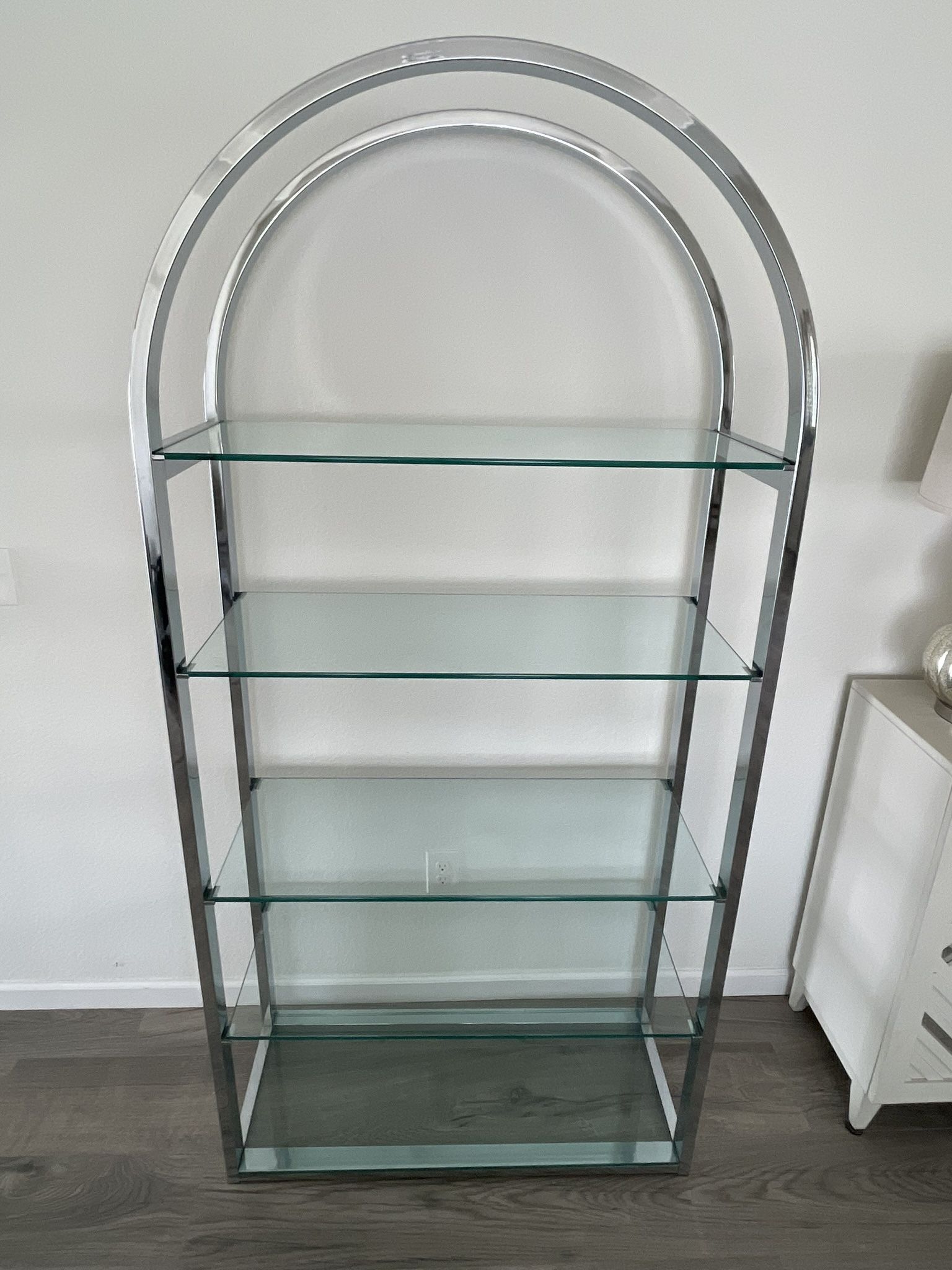 arched Etagere vintage space age 1970s chrome and glass five shelf furniture MCM eclectic