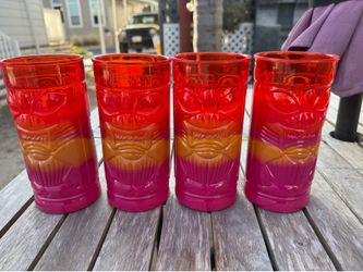 New 4 NOVOGRATZ Pink Yellow Acrylic Tropical Tiki 24oz Tumbler Glasses