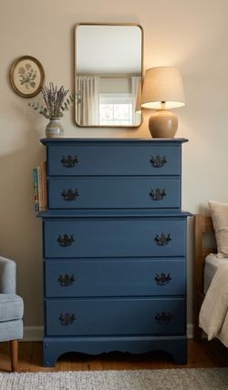Midnight blue refinished tall boy dresser