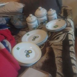 John Deere Plates, Bowls, Sugar And Flour Containers
