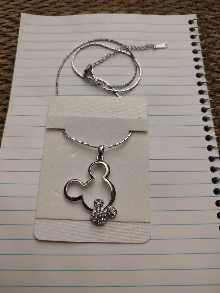 18KRGP MICKEY MOUSE NECKLACE. WHITE GOL PLATED. 20 IN. CHAIN. NEW. PICKUP ONLY