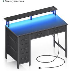 Computer Desk with Power Outlets & LED Light, 39 inch Home Office Desk with 5 Drawers