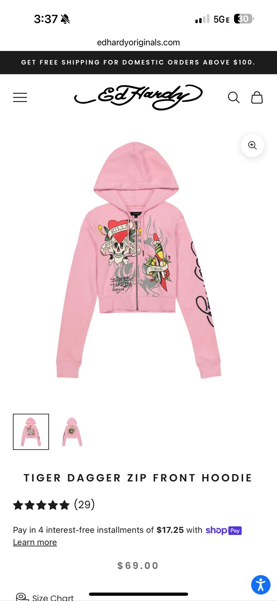 Ed Hardy Pink Cropped Hoodie in XS