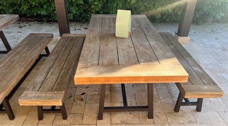 2 Teak tables w/4 Teak benches