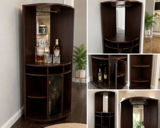 Modern Dark Wood Corner Bar Cabinet with Mirror & Wine Storage