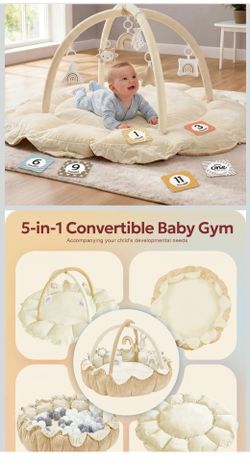 New 5-in-1 Thick Plush Baby Play Gym Tummy Time Mat with 6 Toys