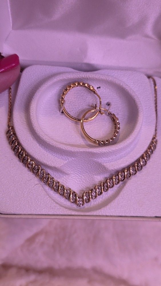 Vintage Gold Over Sterling Silver Diamond Necklace And Earrings