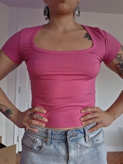 Pink Ribbed Fitted T-Shirt