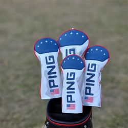 Ping USA Leather Driver, Fairway Wood, Hybrid headcover 4pcs Set (White & Blue)