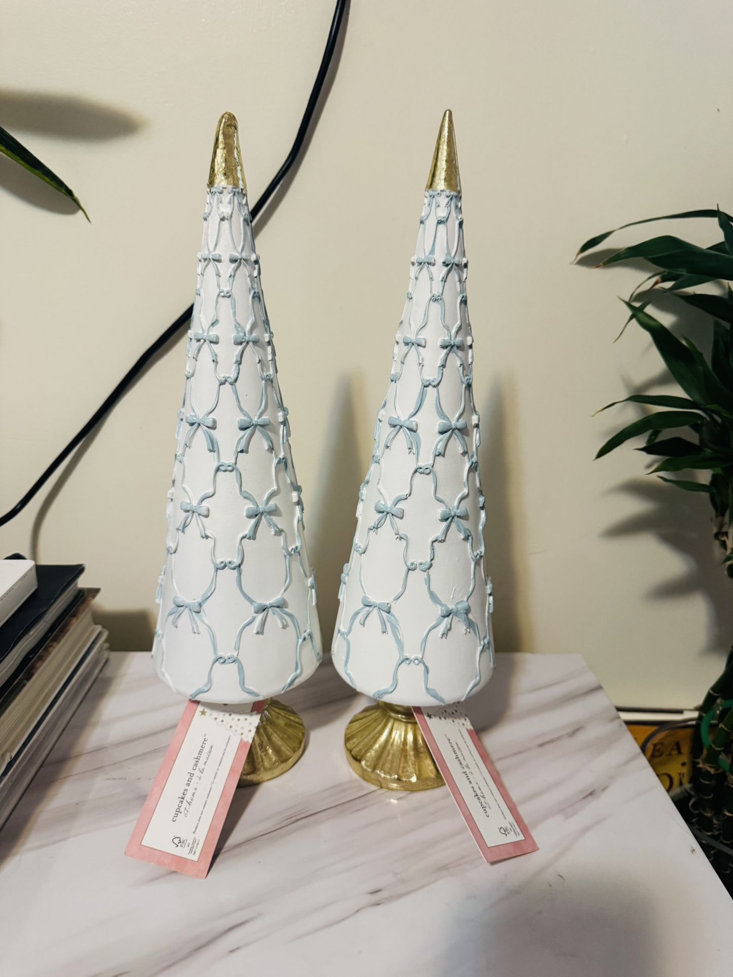 Cupcake and Cashmere set of two blue Ribbon & Bows Christmas trees 12.5” tall New