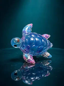 Handmade Resin Sea Turtle — Blue with Pink Glitter Flippers, Glow, 2 in