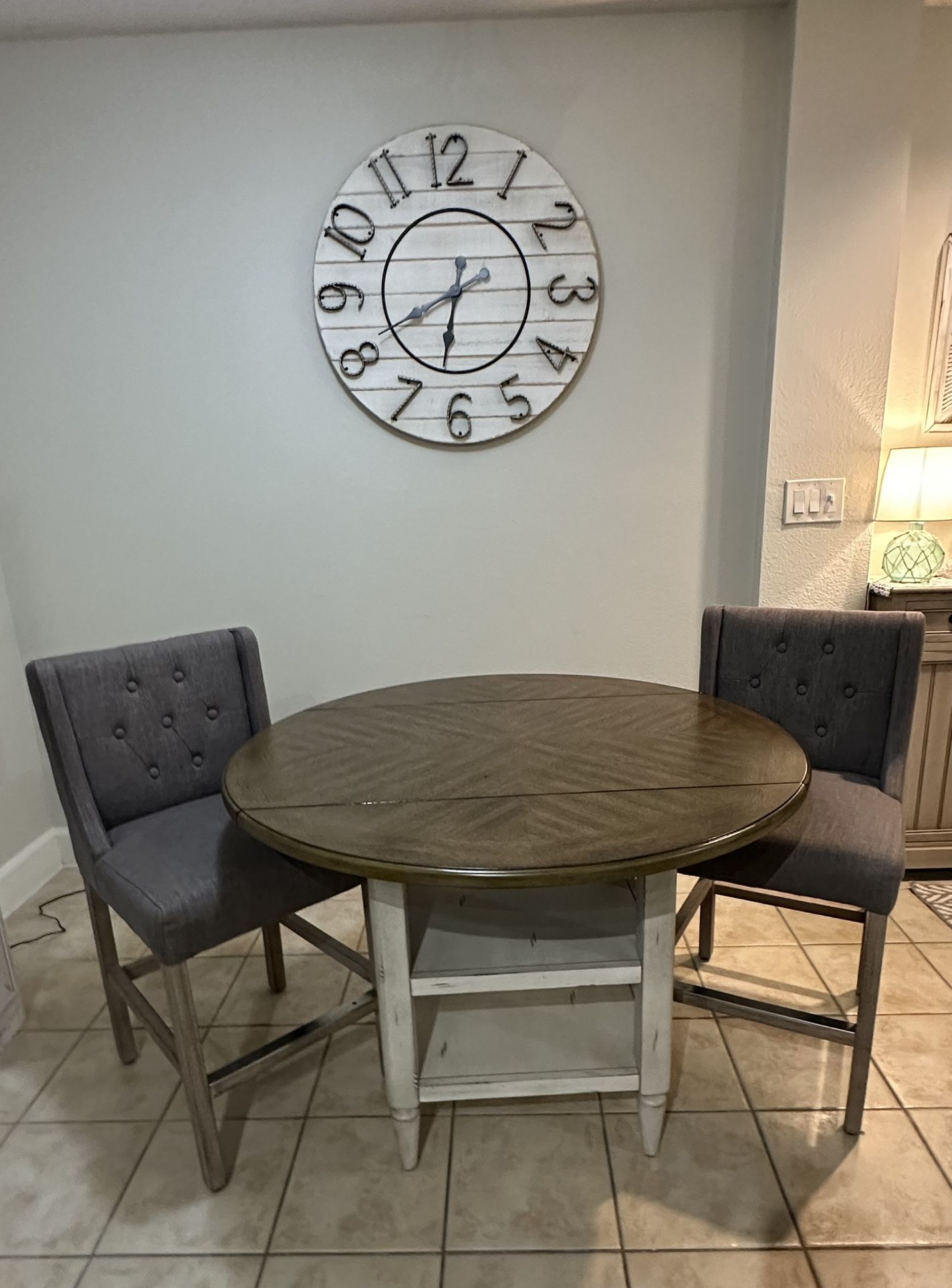 Farmhouse Drop Leaf Counter Height Dining Table w/ 2 Fabric Chairs (Brown top & Antique White Frame