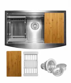 AKDY Handmade Farmhouse Apron Front 30 in. x 20 in. Single Bowl Stainless Steel Workstation Kitchen Sink Kit