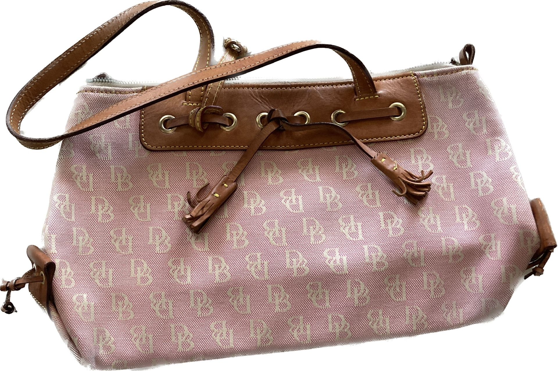 Dooney & Bourke Signature Pink Canvas Tan Leather Tassel Tote Purse