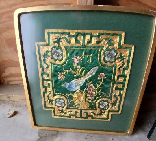 Vintage Art Piece Gold Threaded Bird Wall Art