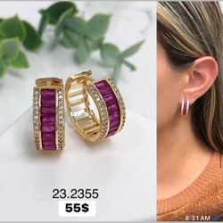 Fuchsia Earrings And White Zirconia Stones 18k Gold Plating 