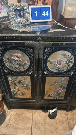 Asian Lacquered Cabinet with Floral Panels