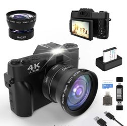 4K 56MP Vlogging Camera with 180° Flip Screen, Compact Camera with 16x Digital Zoom, 32GB TF Card, 1 Battery (Black)