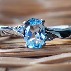 Blue Topaz/Diamond Sterling Silver Ring Size 5