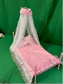 New, Firm, Badger Basket Starlights LED Canopy Metal Doll Bed with Bedding – Pink