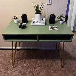 Renewed Olive Green Desk With Gold Hairpin Legs