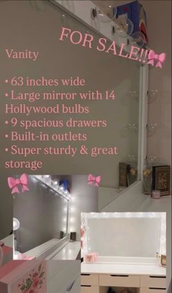 🎀 This vanity is a beauty room dream! Huge mirror, bright Hollywood lights, and tons of storage. It’s in great condition.  ✨ Ready for pickup ASAP Se