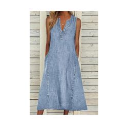 Summer Sleeveless Denim Midi Dress Jean Jumper A Line Tunic Sundress Western Long Shift Tank Dress