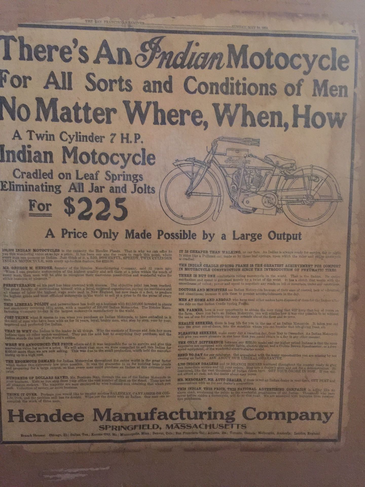 1914 Advertisement for Indian Motorcycle