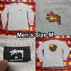 Stussy Flame 8 Ball Long Sleeve Gray T-Shirt Men’s Size Medium