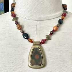 Chicos Brass Beaded Pendant Necklace 