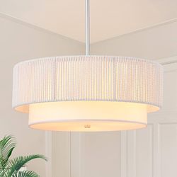 1136 18'' Farmhouse Rattan Chandeliers for Dining Room,3-Light Boho Light Fixtures Rattan Pendant Light Fixture with Fabric Shade Drum Chandeliers for