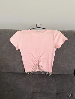Nail Collection Pink Ribbed Cropped Tee with Beaded Fringe