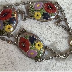 Vintage Floral Painted Glass Bracelet
