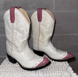 Old West Boots Girls US Size 130(6-7) Pointed Toe Western Cowboy Heels White Pink Leather