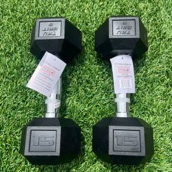 Brand NEW 15 Lb Rubber Hex Dumbbells Set