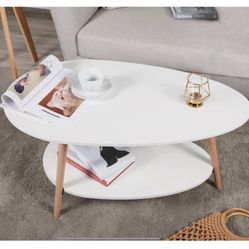 Modern Oval Wood Coffee Table with 2-Tier Open Storage Shelf – Compact Living Room & Home Office Accent Table, White Finish