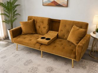 Bed Bath & Beyond Brown Velvet Convertible Sofa Bed | Hidden Cup Holders | Like New