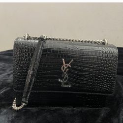 YSL Calfskin Crocodile Embossed Medium Monogram Sunset Black