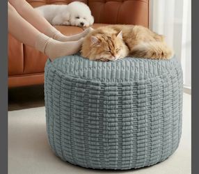CEAWTUMY Round Corduroy Pouf Ottoman - Haze Blue, 20"" X 15