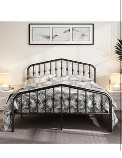 Allewie Queen Size Metal Platform Bed Frame, Vintage Style, Black Wrought Iron-Art Headboard/Footboard, Under Bed Storage, No Box Spring Needed, Easy 