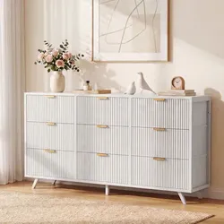 White 9 -Drawer 57-in W Standard Dresser/ TV Stand with Fabric Drawers, Wood Top and Legs