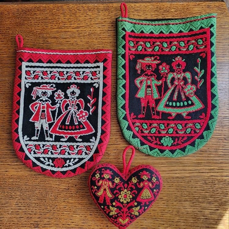 Vintage Austrian Embroidered Hot Mitt Set and Ornament