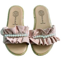 Girls Size 11 Child Pearl Pink Ruffle Sandals with Detailed Edges, Slip On