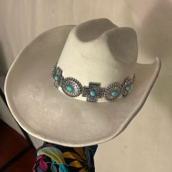 White  Cowboy Hat With Silver And Turquoise 