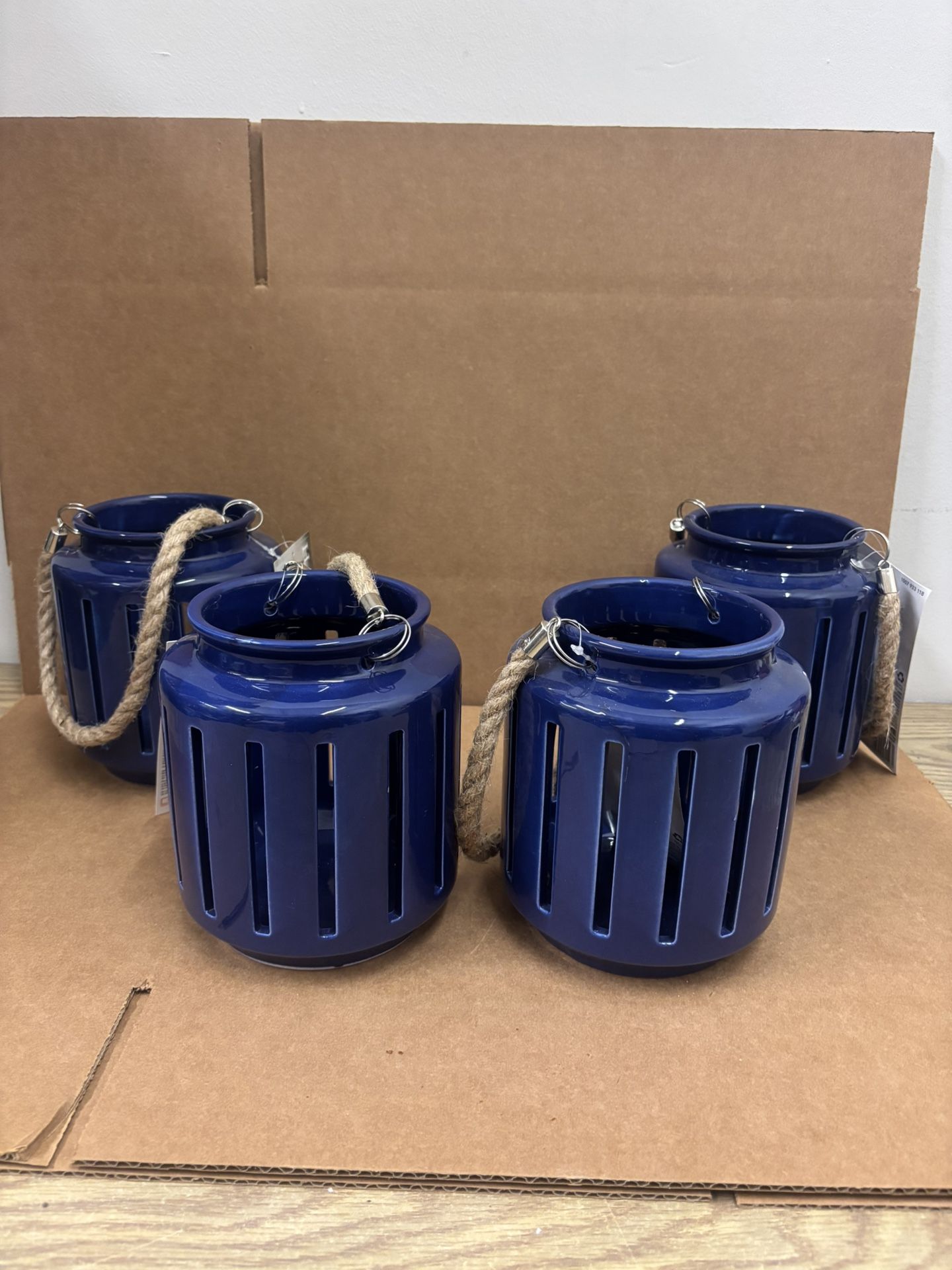 New Set of 4 Blue Outdoor Patio Ceramic Lanterns with Rope Handles