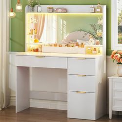Vanity Desk with Mirror and Lights, Makeup Vanity with Lights, 3 Color Lighting Modes, Vanity Desk with Large Mirror & 4 Storage Drawers & Acrylic She