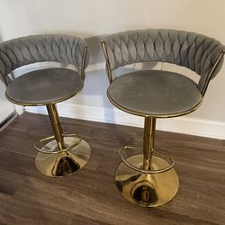 Set of 2 Gray Velvet Gold Bar Stools (Adjustable)