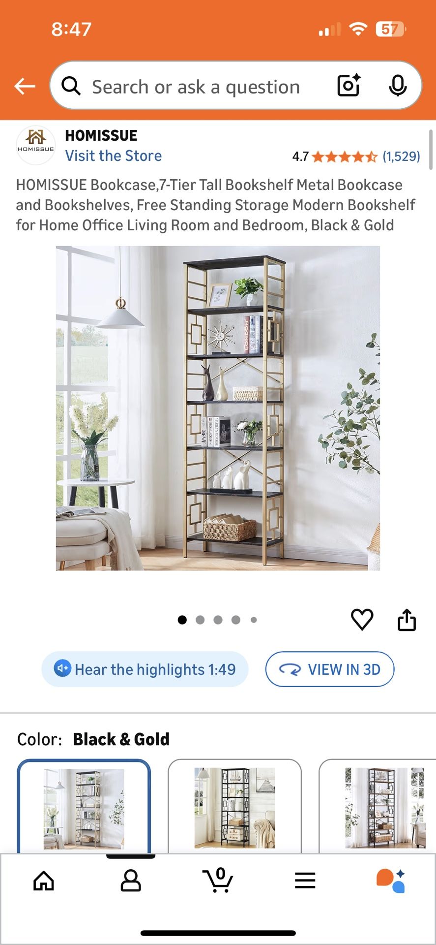 7 Shelf Tall Bookshelf Gold & Black